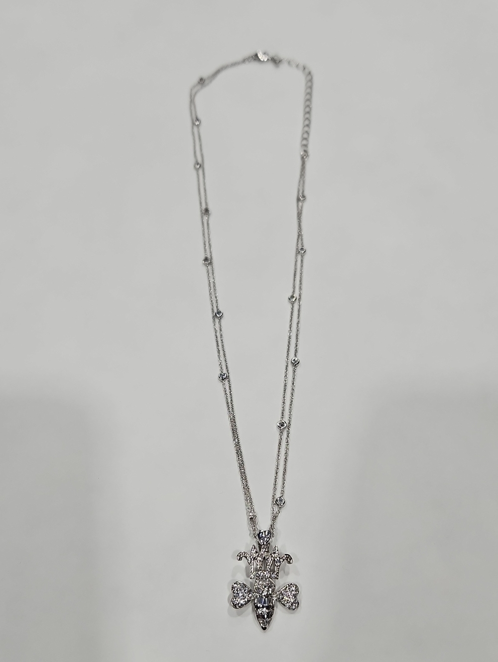 Luxury Silver Bee with Crown Pendant Double Chain Necklace – Crystal Pavé